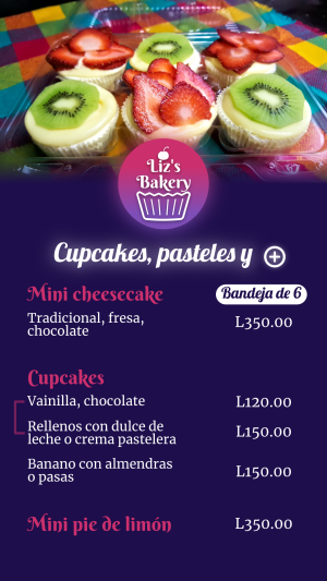 A menu that contains the logo of “Liz's Bakery”, featuring some cupcakes with cream and strawberries on top, and others with cream and kiwis on top