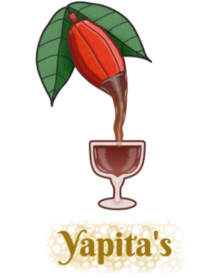 A logo showing a cacao pod streaming chocolate over a glass, below it say's “Yapita's”