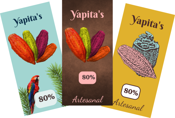 Three prototypes for chocolate bars, all have the word “Yapitas's”, from left to right: 1. cyan background with a macaw and 4 cacao pods in different colors; 2. brown background and 4 cacao pods in different colors; 3. yellow background with 2 vectorized cacao pods, one open and other complete.